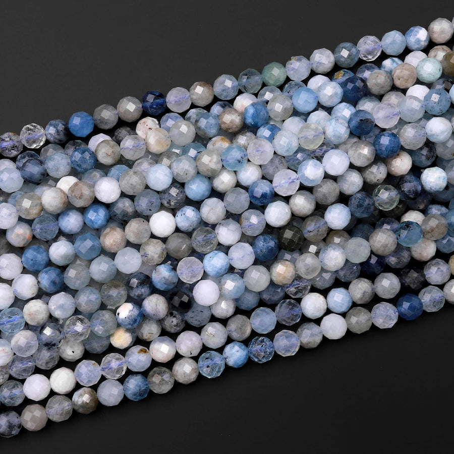 Micro Faceted Natural Blue Aquamarine 2mm 4mm 6mm 7mm Round Beads 15.5" Strand