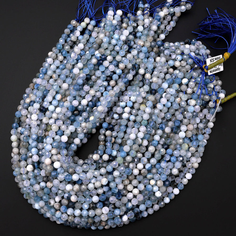 Micro Faceted Natural Blue Aquamarine 2mm 4mm 6mm 7mm Round Beads 15.5" Strand