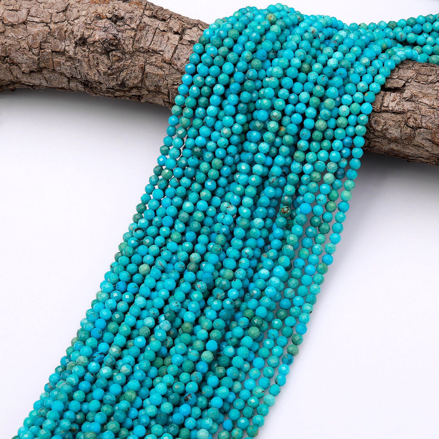 AAA Natural Blue Turquoise 2mm 3mm 4mm Faceted Round Beads Real Genuine Micro Cut Gemstone 15.5" Strand