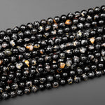 Rare Natural Dragon Vein Black Tourmaline Round Beads 5mm 6mm 8mm 10mm Iron Copper Calcite 15.5" Strand