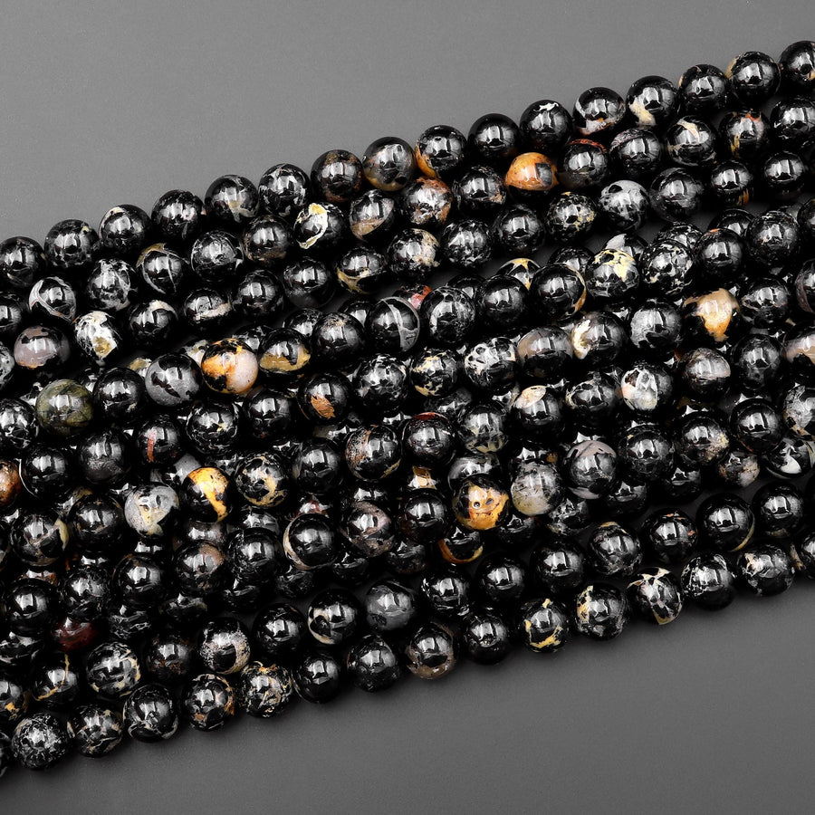 Rare Natural Dragon Vein Black Tourmaline Round Beads 5mm 6mm 8mm 10mm Iron Copper Calcite 15.5" Strand