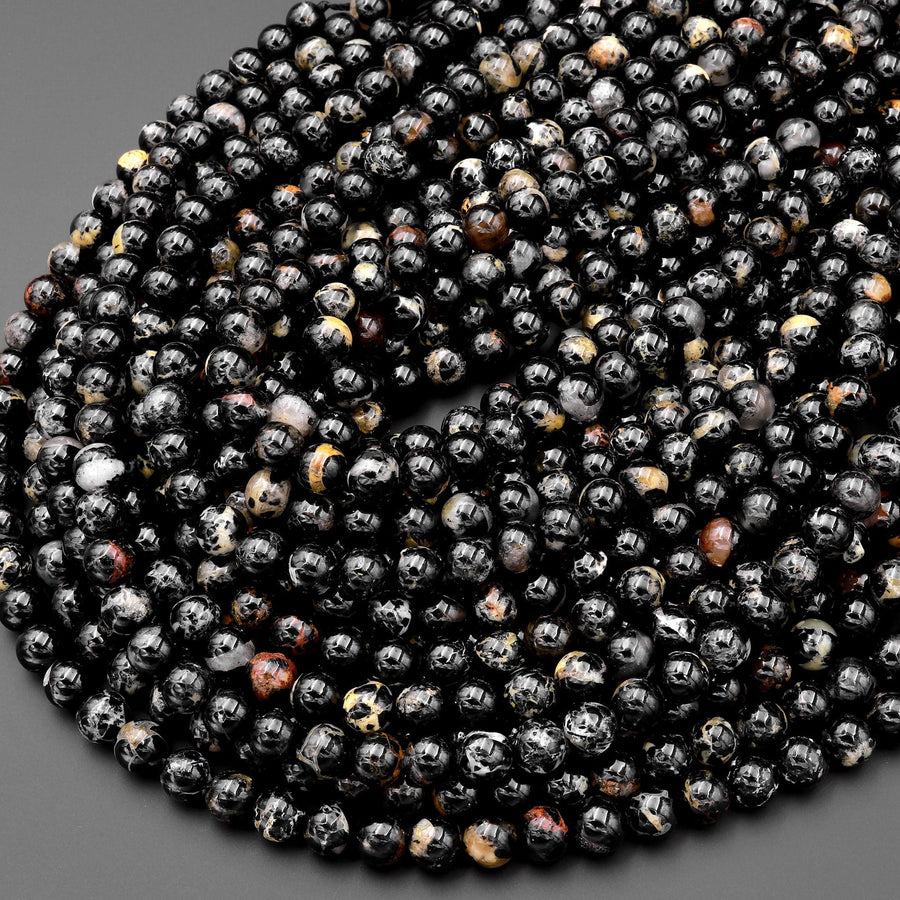 Rare Natural Dragon Vein Black Tourmaline Round Beads 5mm 6mm 8mm 10mm Iron Copper Calcite 15.5" Strand