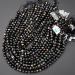 Rare Natural Dragon Vein Black Tourmaline Round Beads 5mm 6mm 8mm 10mm Iron Copper Calcite 15.5" Strand