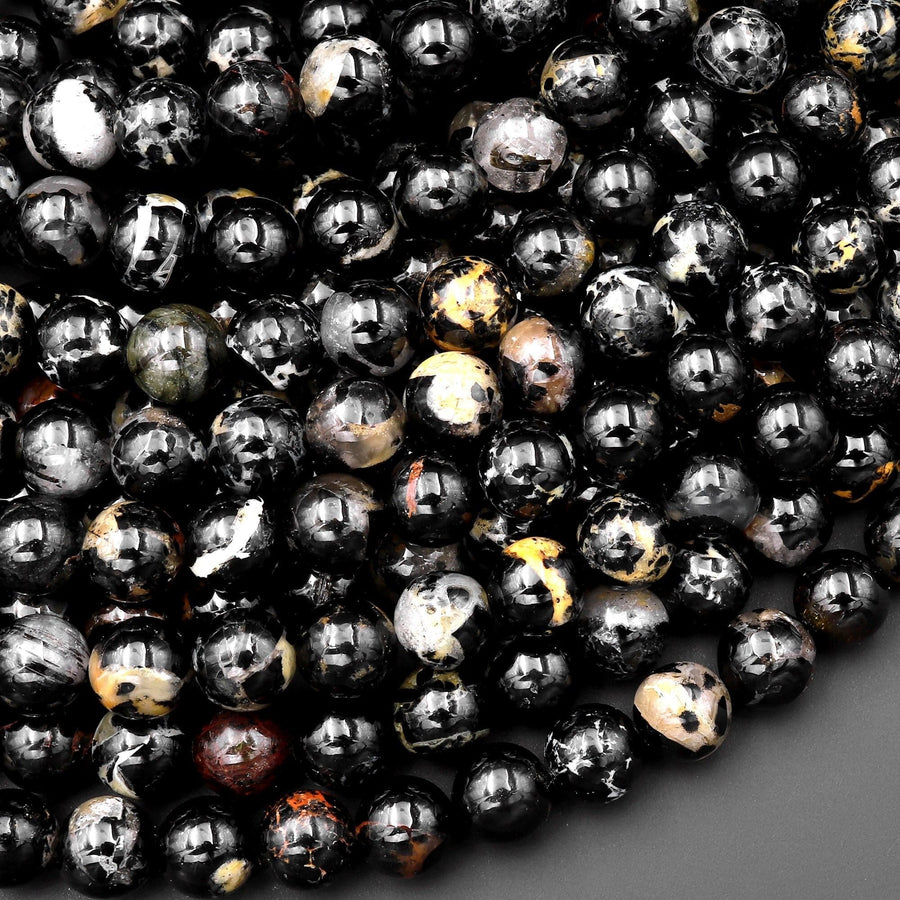 Rare Natural Dragon Vein Black Tourmaline Round Beads 5mm 6mm 8mm 10mm Iron Copper Calcite 15.5" Strand