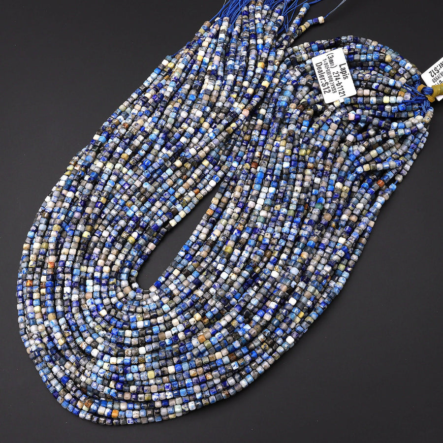Natural Denim Blue Lapis Gemstone Faceted 3mm Cube Square Dice Beads 15.5" Strand