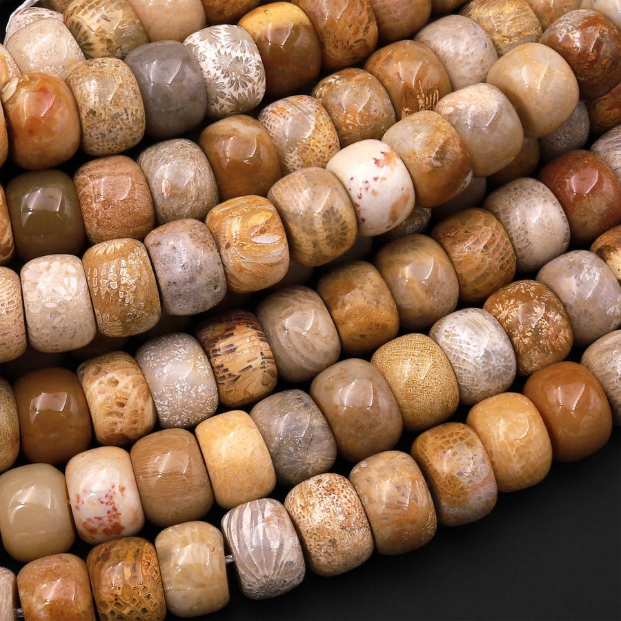 AAA Natural Fossil Coral Smooth Rondelle Beads 6mm 8mm 10mm Golden Brown Beige Tan Yellow Gemstone