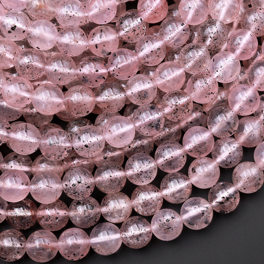 Rare Natural Black Hematite in Pink Strawberry Quartz 4mm 6mm 8mm 10mm 12mm Round Beads Rare Crystal Powerful Energy Stone 15.5" Strand