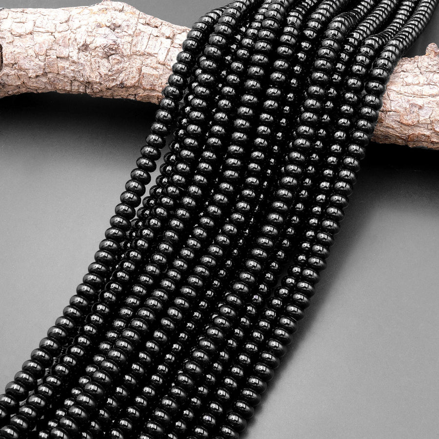AAA Natural Black Onyx Rondelle Beads Smooth 4mm 6mm 8mm 10mm High Quality Natural Black Gemstone 15.5" Strand