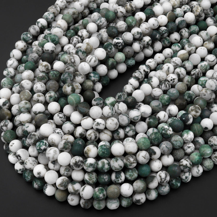 Matte Natural Green Tree Agate 4mm 6mm 8mm 10mm Round Beads 15.5" Strand