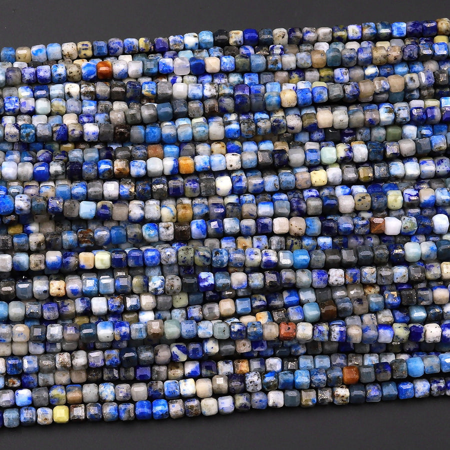 Natural Denim Blue Lapis Gemstone Faceted 3mm Cube Square Dice Beads 15.5" Strand