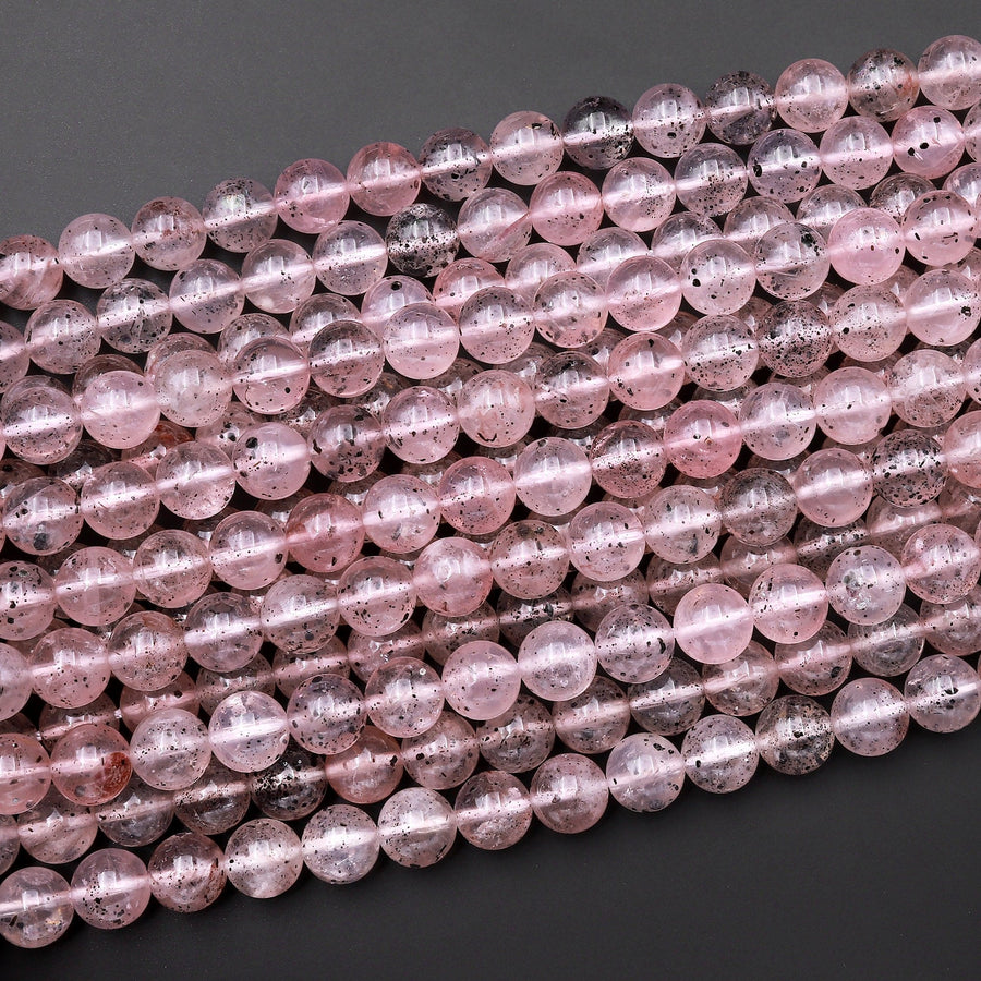 Rare Natural Black Hematite in Pink Strawberry Quartz 4mm 6mm 8mm 10mm 12mm Round Beads Rare Crystal Powerful Energy Stone 15.5" Strand