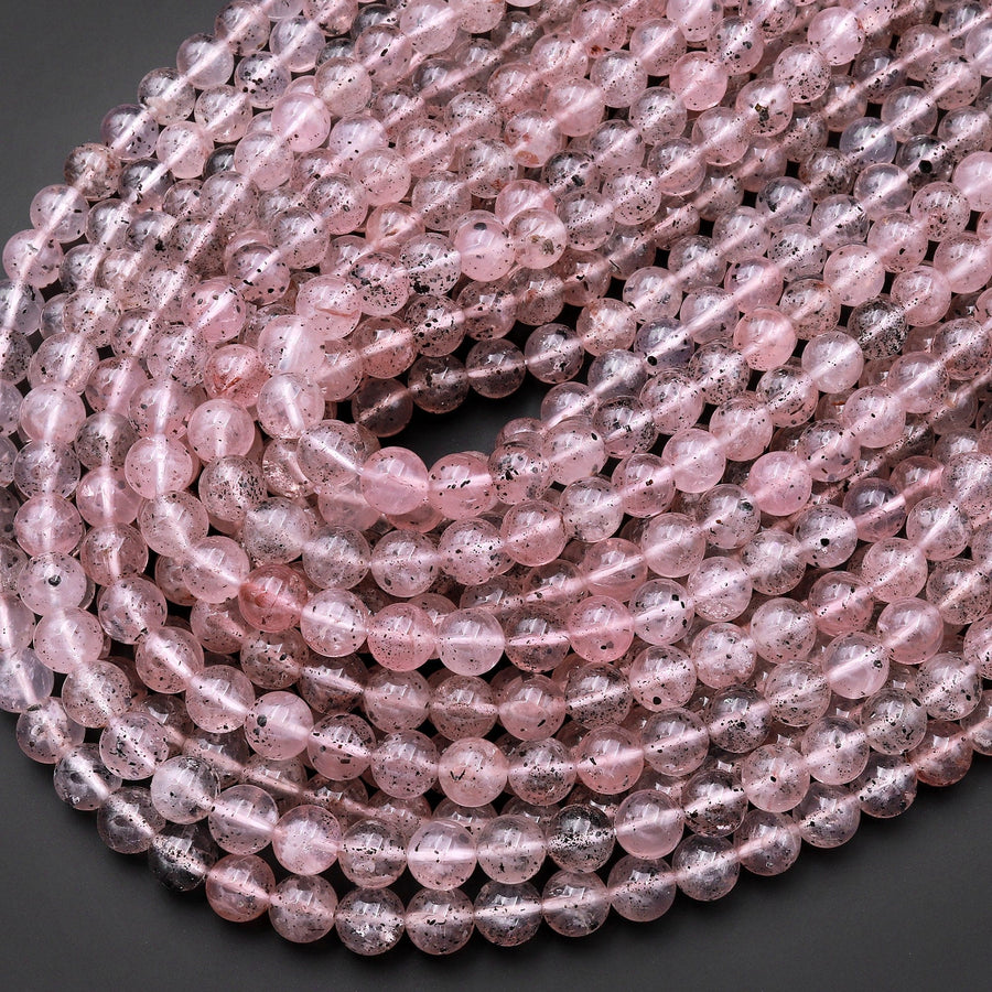 Rare Natural Black Hematite in Pink Strawberry Quartz 4mm 6mm 8mm 10mm 12mm Round Beads Rare Crystal Powerful Energy Stone 15.5" Strand