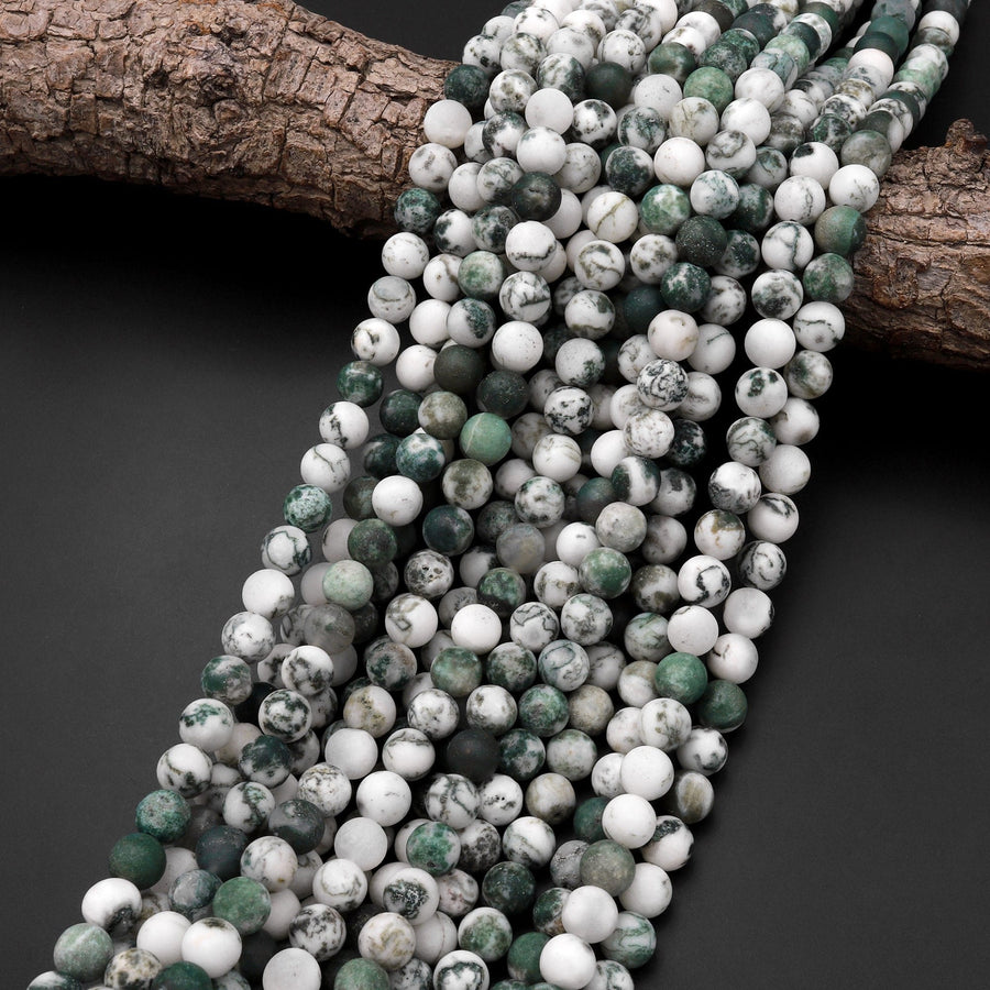 Matte Natural Green Tree Agate 4mm 6mm 8mm 10mm Round Beads 15.5" Strand
