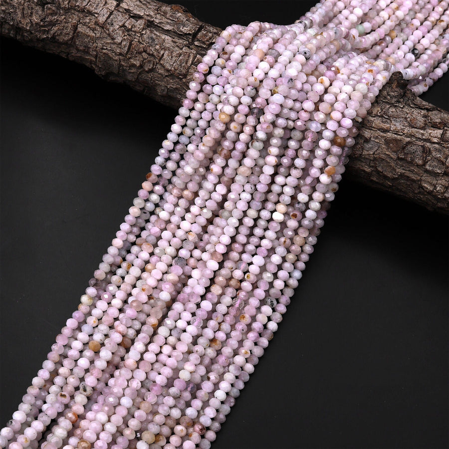 Natural Kunzite  Faceted Rondelle 4mm 12mm Beads Real Gemstone 15.5" Strand