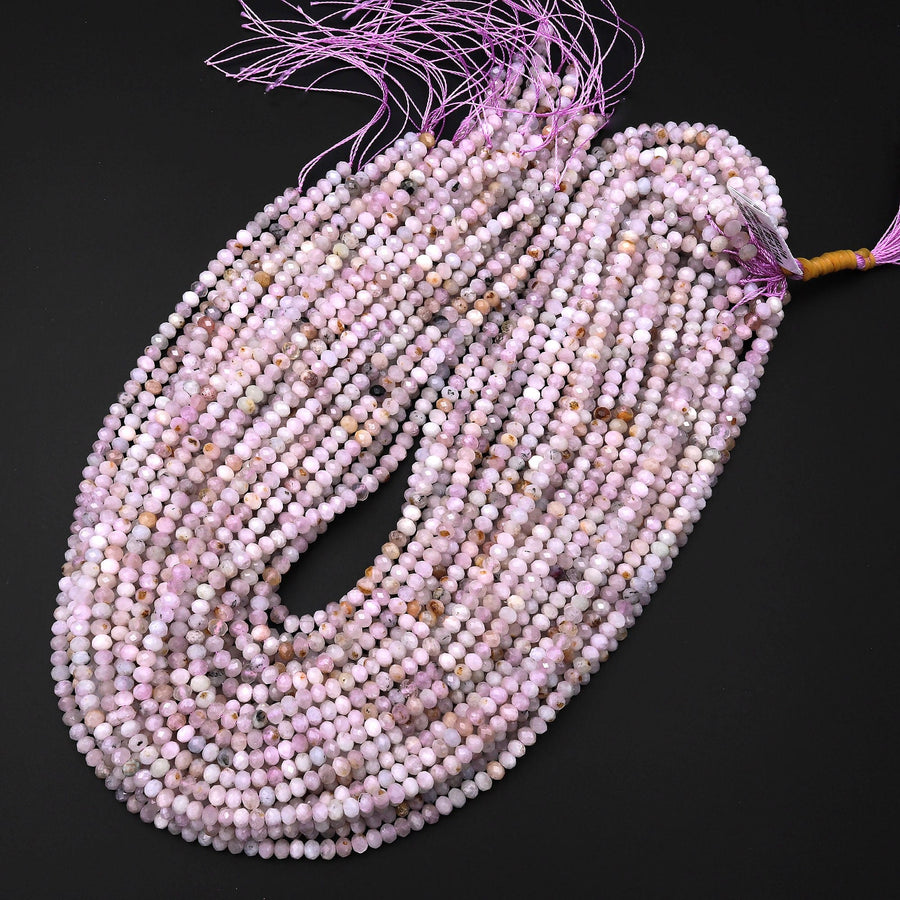 Natural Kunzite  Faceted Rondelle 4mm 12mm Beads Real Gemstone 15.5" Strand