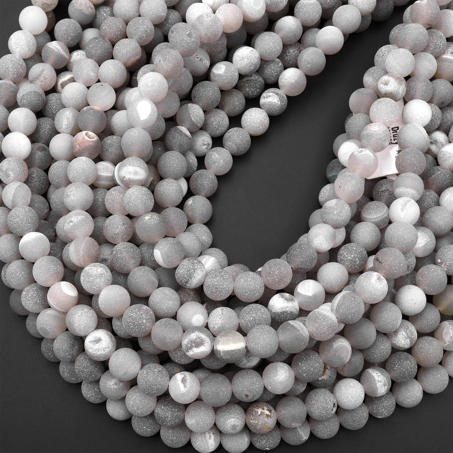Matte Natural Gray Druzy Agate 8mm 10mm Round Beads With Quartz Crystal Pocket Cave 15.5" Strand