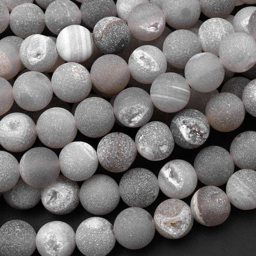 Matte Natural Gray Druzy Agate 8mm 10mm Round Beads With Quartz Crystal Pocket Cave 15.5" Strand