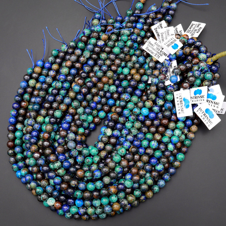 Rare Genuine Natural Azurite Malachite Chrysocolla 6mm 8mm 10mm Round Beads Shattuckite Gemstone from Arizona 15.5" Strand