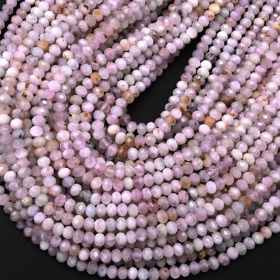 Natural Kunzite  Faceted Rondelle 4mm 12mm Beads Real Gemstone 15.5" Strand