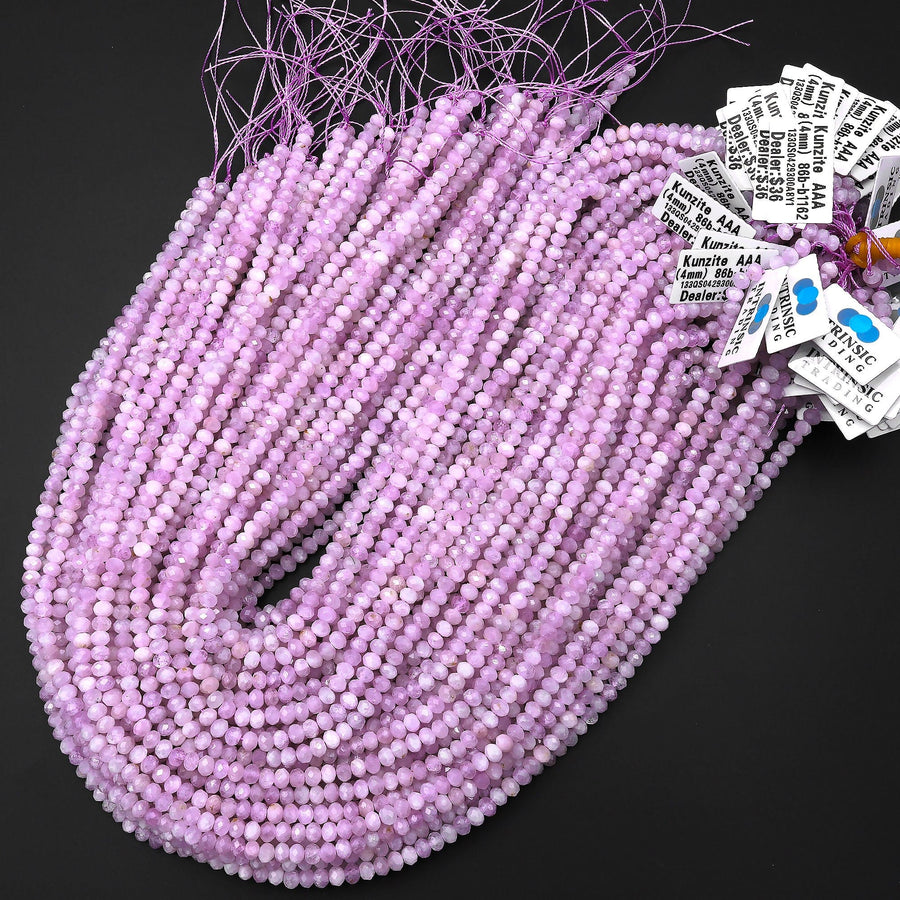 AAA Natural Kunzite  Faceted Rondelle 3mm 4mm Beads Real Genuine Violet Purple Pink Kunzite Gemstone 15.5" Strand
