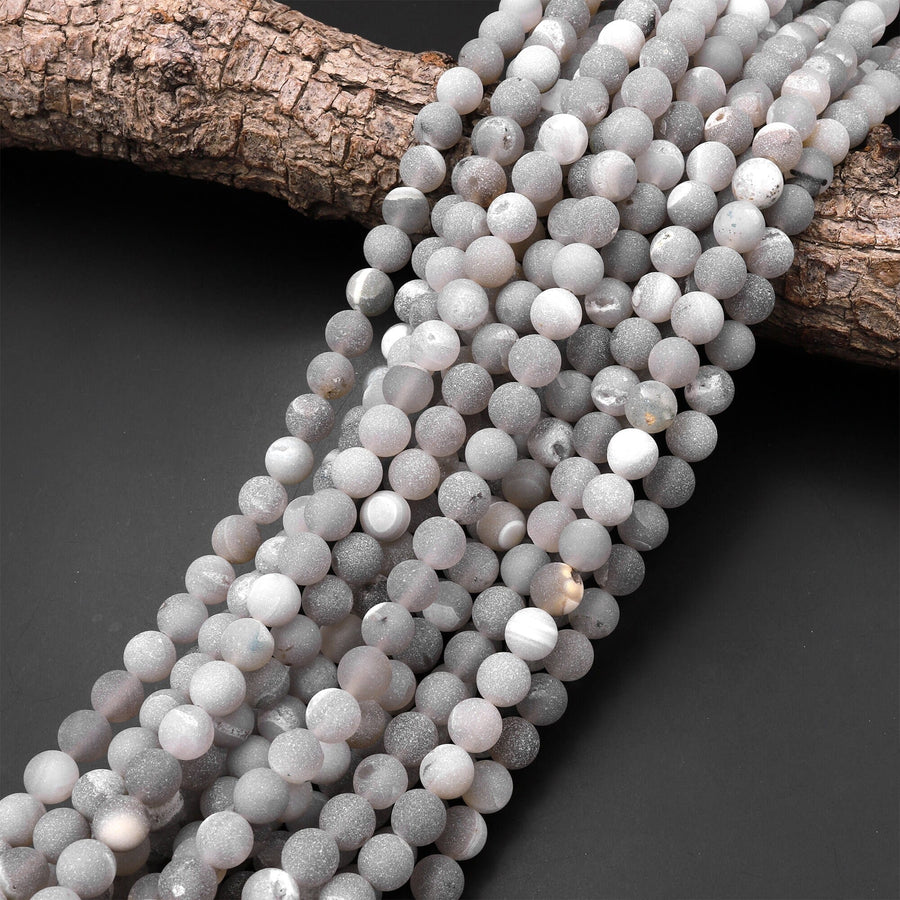 Matte Natural Gray Druzy Agate 8mm 10mm Round Beads With Quartz Crystal Pocket Cave 15.5" Strand