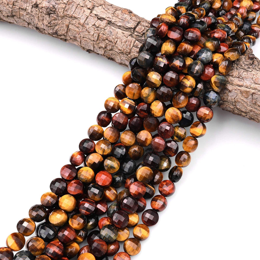 Faceted Natural Brown Red Blue Tiger's Eye 6mm 8mm 10mm Coin Beads Gemstone 15.5" Strand