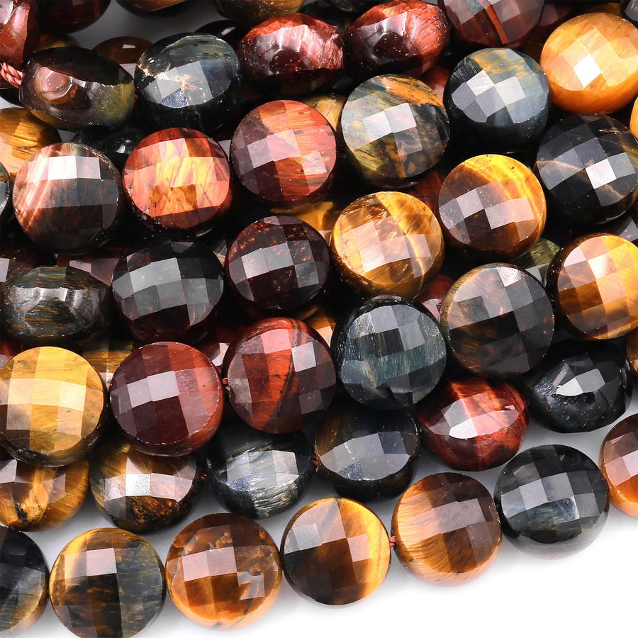 Faceted Natural Brown Red Blue Tiger's Eye 6mm 8mm 10mm Coin Beads Gemstone 15.5" Strand