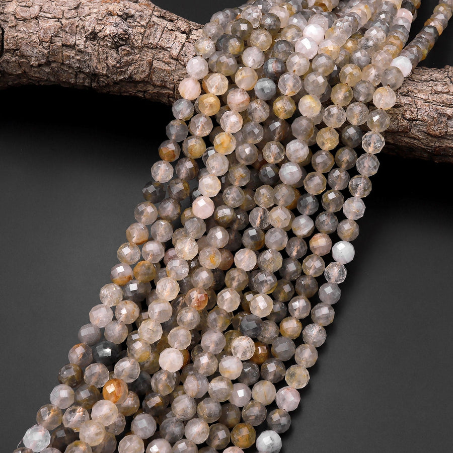 AAA Rare Natural Golden Gray Phantom Quartz Faceted 6mm 8mm Rounded Beads Diamond Cut 15.5" Strand