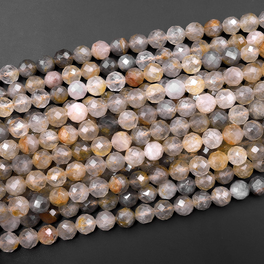 AAA Rare Natural Golden Gray Phantom Quartz Faceted 6mm 8mm Rounded Beads Diamond Cut 15.5" Strand