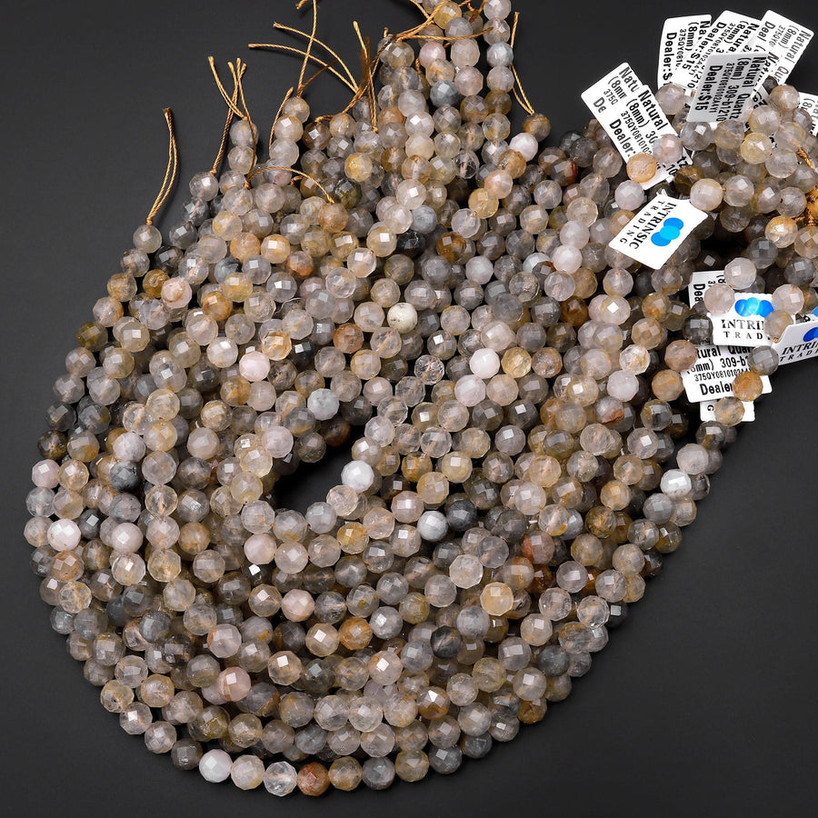 AAA Rare Natural Golden Gray Phantom Quartz Faceted 6mm 8mm Rounded Beads Diamond Cut 15.5" Strand