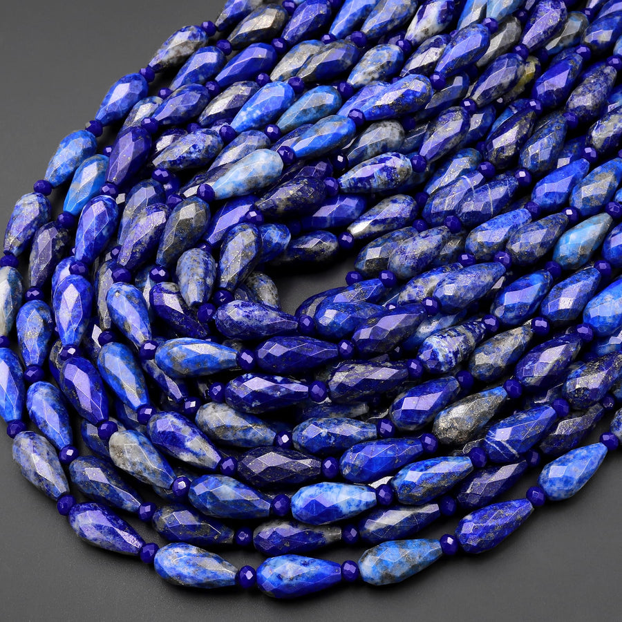 Faceted Natural Blue Lapis Teardrop Beads Vertically Drilled Gemstone 15.5" Strand
