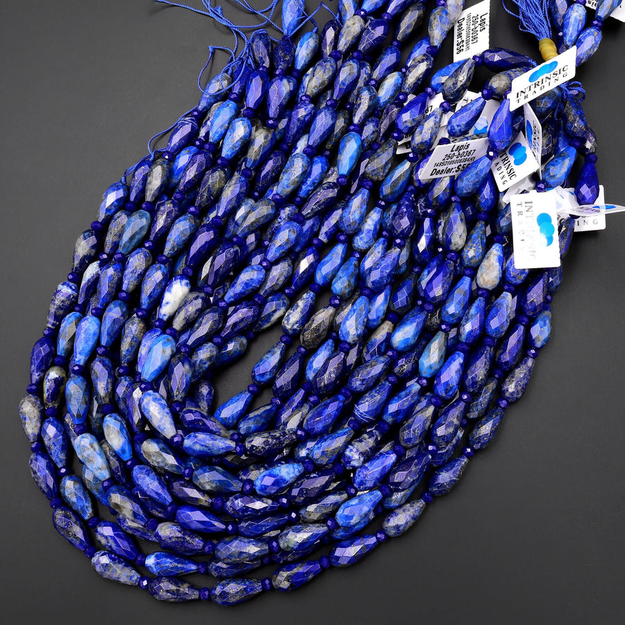 Faceted Natural Blue Lapis Teardrop Beads Vertically Drilled Gemstone 15.5" Strand