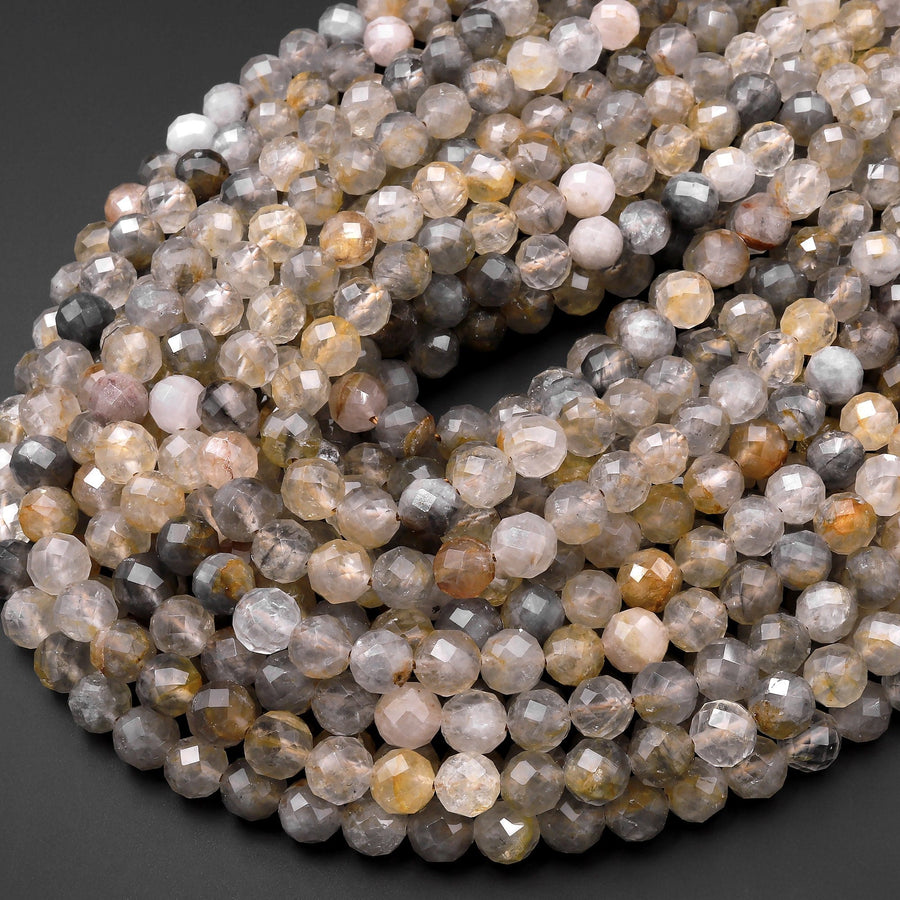AAA Rare Natural Golden Gray Phantom Quartz Faceted 6mm 8mm Rounded Beads Diamond Cut 15.5" Strand