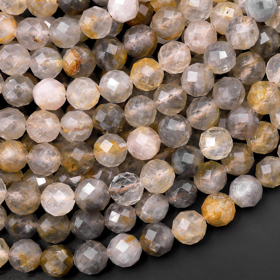 AAA Rare Natural Golden Gray Phantom Quartz Faceted 6mm 8mm Rounded Beads Diamond Cut 15.5" Strand
