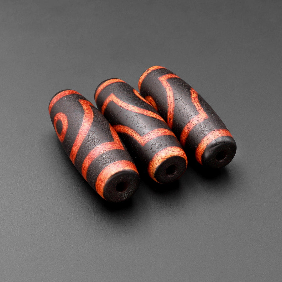 Tibetan Agate Barrel Drum Cylinder Tube 40mm Dzi Agate Serene Orange Red Brown Etched Eye Antique Boho Beads