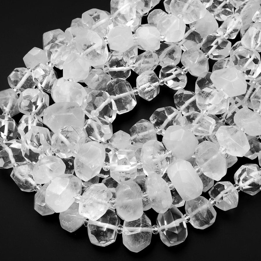 Chunky Faceted Real Natural Rock Crystal Quartz Rectangle Beads Center Drilled 15.5" Strand