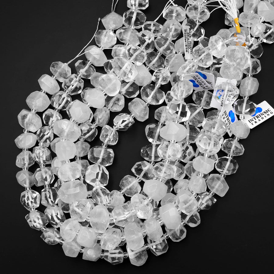 Chunky Faceted Real Natural Rock Crystal Quartz Rectangle Beads Center Drilled 15.5" Strand