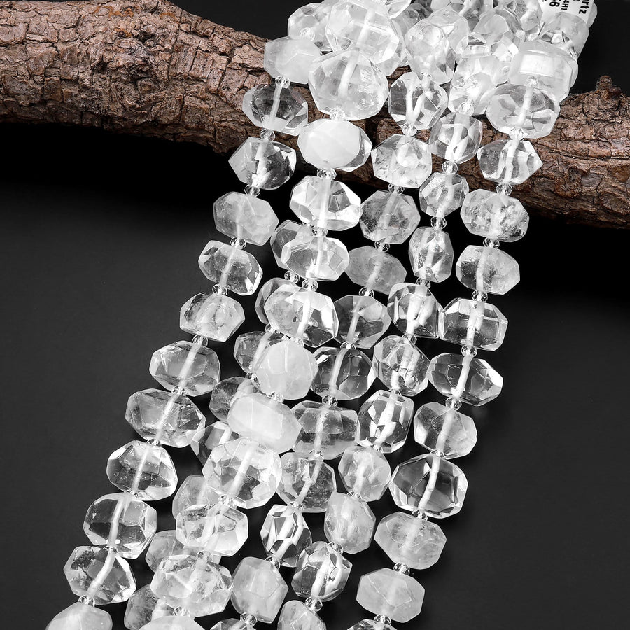 Chunky Faceted Real Natural Rock Crystal Quartz Rectangle Beads Center Drilled 15.5" Strand