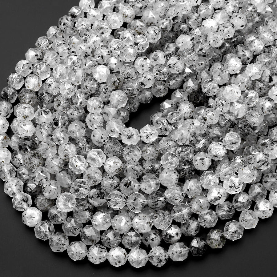 AAA Translucent Faceted Natural Black Mica In Tourmaline Quartz 10mm Round Beads Double Hearted Star Cut 15.5" Strand
