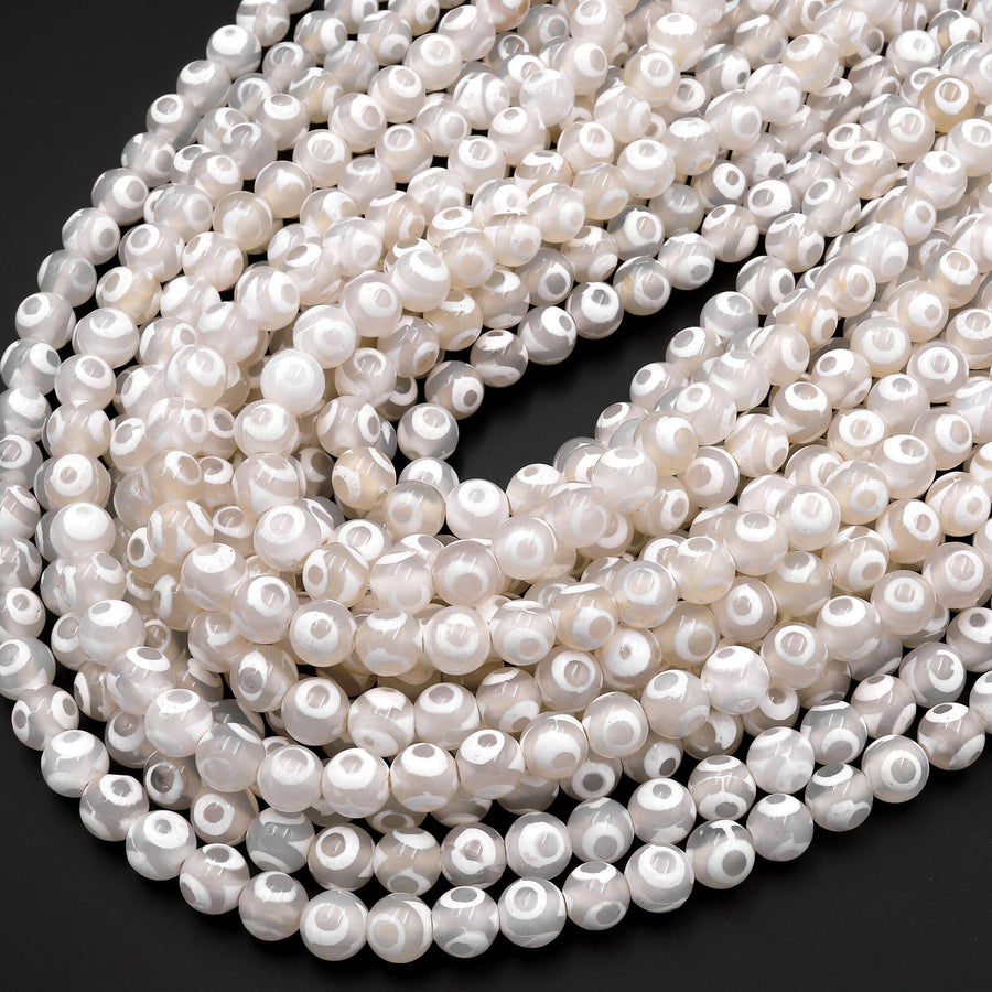 White Tibetan Agate 6mm 8mm Round Beads Dzi Agate Brown Etched Eye Mala Antique Boho Beads 15.5" Strand