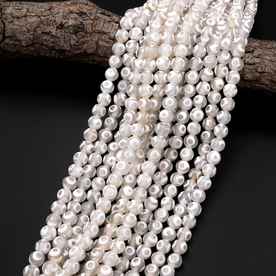 White Tibetan Agate 6mm 8mm Round Beads Dzi Agate Brown Etched Eye Mala Antique Boho Beads 15.5" Strand