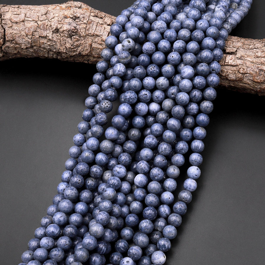 Genuine Natural Denim Blue Sponge Coral 4mm 6mm 8mm 10mm 12mm Round Beads 15.5" Strand