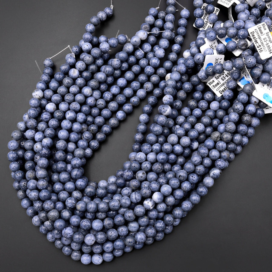 Genuine Natural Denim Blue Sponge Coral 4mm 6mm 8mm 10mm 12mm Round Beads 15.5" Strand