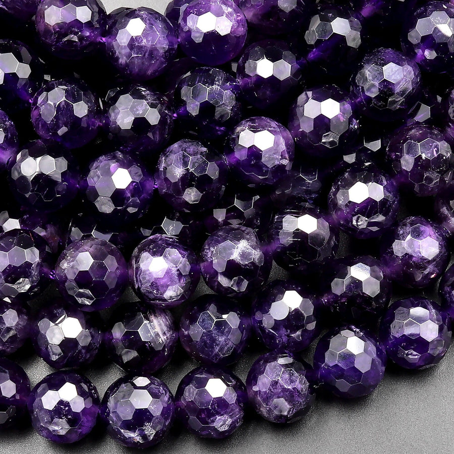 Rare Natural Black Purple Amethyst Faceted 8mm 10mm Round Beads Genuine Real Amethyst Gemstone Beads 15.5" Strand