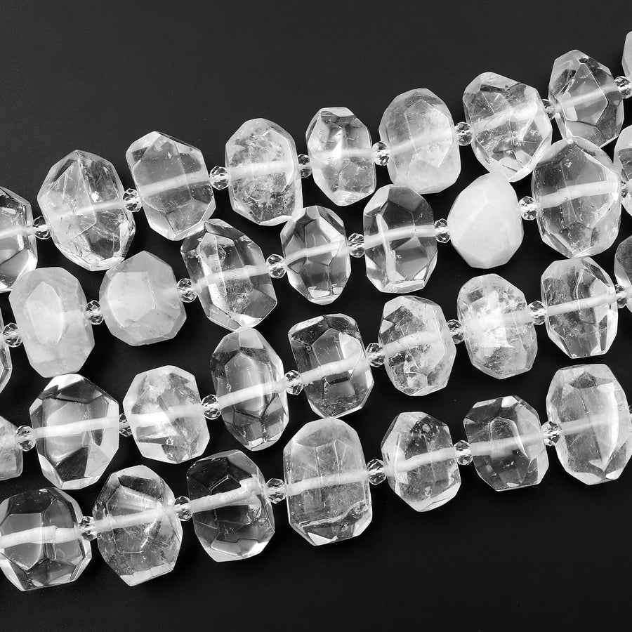 Chunky Faceted Real Natural Rock Crystal Quartz Rectangle Beads Center Drilled 15.5" Strand