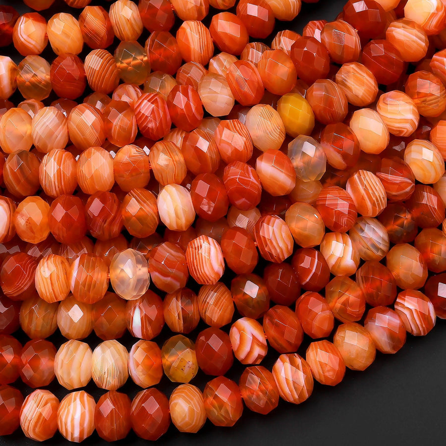 Faceted Natural Orange Red Botswana Agate Rondelle Beads 6mm 8mm 15.5" Strand