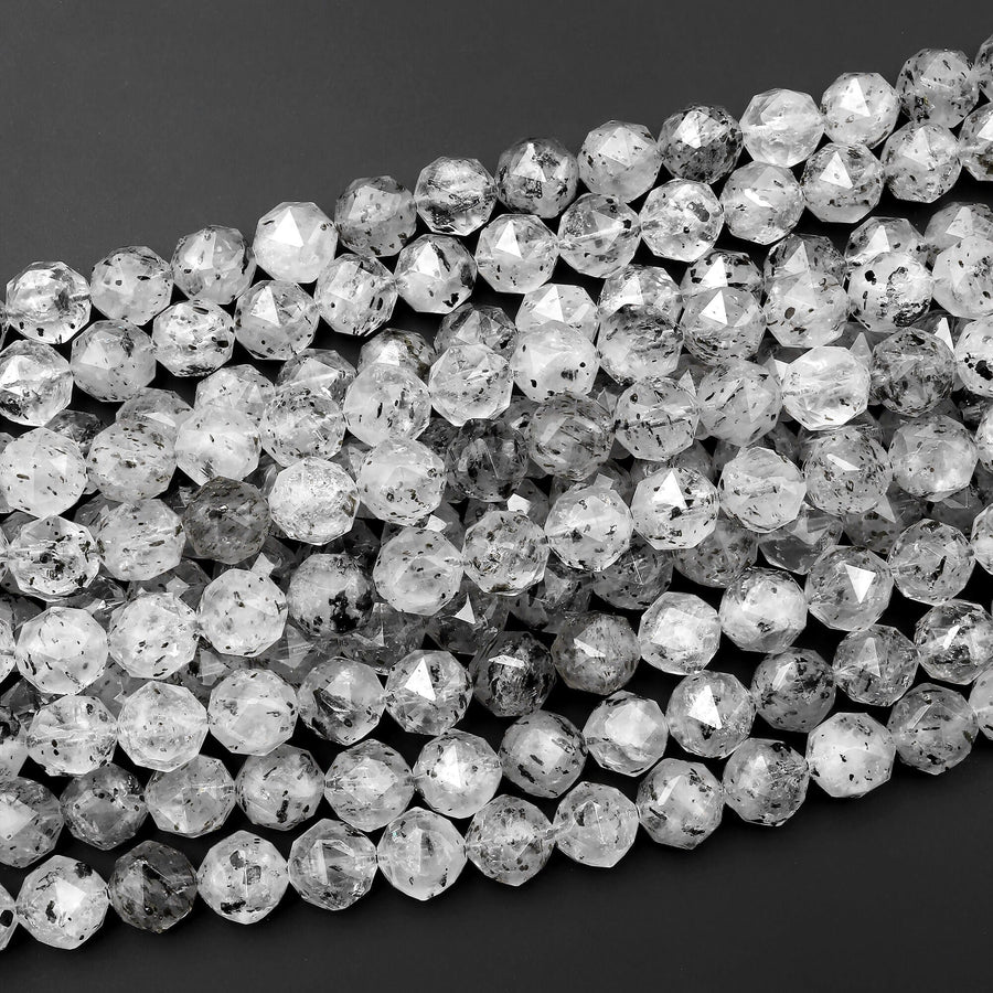 AAA Translucent Faceted Natural Black Mica In Tourmaline Quartz 10mm Round Beads Double Hearted Star Cut 15.5" Strand