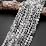 AAA Translucent Faceted Natural Black Mica In Tourmaline Quartz 10mm Round Beads Double Hearted Star Cut 15.5" Strand