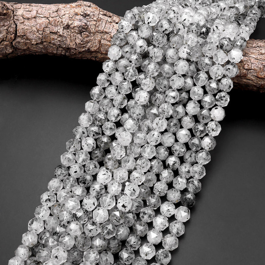 AAA Translucent Faceted Natural Black Mica In Tourmaline Quartz 10mm Round Beads Double Hearted Star Cut 15.5" Strand