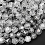 AAA Translucent Faceted Natural Black Mica In Tourmaline Quartz 10mm Round Beads Double Hearted Star Cut 15.5" Strand